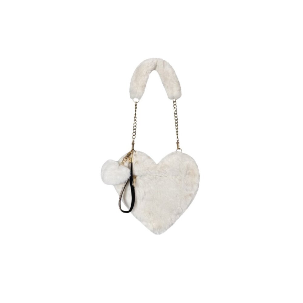 NWT Jay Ley White Off-White Vegan Faux Fur Heart Shape Bag w/ Gold Chain